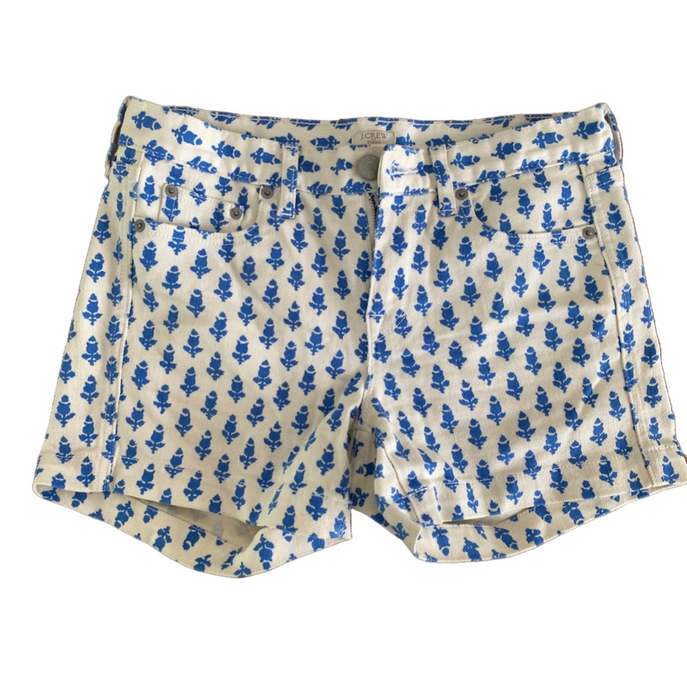 J.crew stretch cream and blue Jean folk shorts size 0